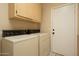 Functional laundry area with cabinetry and standard washer and dryer hookups near a back door at 6450 S Windstream Pl, Chandler, AZ 85249