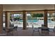 Community pool featuring ample seating and tables under a covered patio at 8151 E Del Joya Dr, Scottsdale, AZ 85258