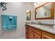 Well-lit bathroom featuring granite countertop, wood cabinets, and mounted decorative sea life at 10122 E Michigan Ave # 19, Sun Lakes, AZ 85248