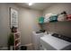 Laundry room with newer front-loading machines, storage shelves, and decor at 1624 W Minton St, Phoenix, AZ 85041