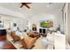 Bright and inviting living room with a fireplace, large TV, comfortable seating, and view into the kitchen at 18650 N Thompson Peak Pkwy # 1028, Scottsdale, AZ 85255