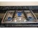 Close-up of a stainless steel gas cooktop with active blue flames and granite countertop at 16074 W Cortez St, Surprise, AZ 85379