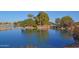 Picturesque community pond with rocky waterfall and mature desert trees at 21919 N Bradford Dr, Maricopa, AZ 85138