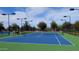 Outdoor tennis court with a blue playing surface, green surroundings, lights, and an inviting net at 4424 N Potomac Dr, Florence, AZ 85132