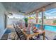 Covered patio with a dining table overlooking the pool at 8602 E Mitchell Dr, Scottsdale, AZ 85251