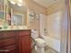 Bathroom featuring a cherry wood vanity, a toilet and a shower/tub combo and seashell-themed decorations at 10323 W Carousel Dr, Arizona City, AZ 85123