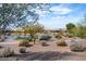 Tranquil view of the landscaping, golf course, and pond from the backyard of the home at 21500 N 262Nd Ln, Buckeye, AZ 85396