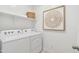 Neat laundry room with white appliances, shelving, and a decorative wall art at 469 W Freedom St, Florence, AZ 85132