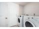 Laundry room with white washer and dryer, white walls, and door to outside at 1438 S 30Th St, Mesa, AZ 85204