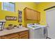 Bright laundry room with yellow walls, cabinets, counter space, and modern washer and dryer at 3095 E Cardinal Ct, Chandler, AZ 85286