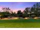 Expansive grassy backyard with desert landscaping and wrought iron fencing, illuminated by landscape lighting at twilight at 9290 E Thompson Peak Pkwy # 142, Scottsdale, AZ 85255