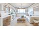Bright living room with striped walls, stylish chandelier, comfortable seating, and a built-in desk area at 19201 W Missouri Ave, Litchfield Park, AZ 85340
