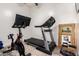 Home gym featuring a treadmill, exercise bike, mirror, and patterned area rug at 19912 E Natalie Way, Queen Creek, AZ 85142