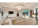 Open living area with white furniture, a glass coffee table, and access to the patio at 6803 E Main St # 2210, Scottsdale, AZ 85251