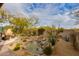 Well-manicured backyard showcasing a charming fountain, serene pond, desert flora, and a cozy lounge area at 33389 N 71St St, Scottsdale, AZ 85262