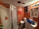 Orange bathroom featuring a shower, toilet, sink and gray vinyl plank flooring at 3527 W Almeria Rd, Phoenix, AZ 85009