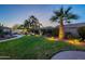 Lush backyard featuring manicured lawn, mature palm trees, decorative lighting, and a rock waterfall feature at 4756 W Nogales Way, Eloy, AZ 85131