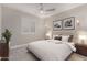 Bright bedroom featuring white walls, side tables with lamps, and plantation shutters at 9633 S 51St St, Phoenix, AZ 85044