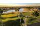 Picturesque view of a golf course, featuring a serene pond and lush green fairways, complemented by swaying palm trees at 9638 E Tranquility Way, Sun Lakes, AZ 85248