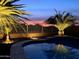 Night view of a backyard pool surrounded by desert landscaping and palm trees, mountain views in the distance at 18143 W Buckhorn Dr, Goodyear, AZ 85338