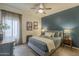Comfortable bedroom with a blue accent wall, soft lighting, and stylish decor at 1027 W Julie Dr, Tempe, AZ 85283