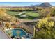 Aerial view of the pool, hot tub, desert landscaping, and golf course create a luxurious outdoor experience at 10639 E Mark Ln, Scottsdale, AZ 85262