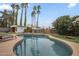 Backyard pool surrounded by palm trees and artificial turf at 6251 E Hannibal St, Mesa, AZ 85205