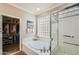 Bright bathroom with a soaking tub, glass block window, and walk-in closet at 2543 W Myopia Dr, Anthem, AZ 85086