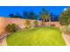 Backyard is landscaped with artificial grass, a privacy wall, and desert plants at 26711 N 21St Dr, Phoenix, AZ 85085