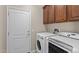 Functional laundry room with washer, dryer, cabinets, and a door to outside at 27248 W Mohawk Ln, Buckeye, AZ 85396