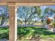 Covered back patio overlooking a lush green lawn with mature trees and plants at 4215 W Reddie Loop, Phoenix, AZ 85083