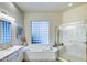 Well lit bathroom with a soaking tub, shower with glass doors, and a window for natural light at 11919 E Del Timbre Dr, Scottsdale, AZ 85259