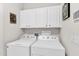 Functional laundry room with white cabinets and appliances, offering ample storage and convenience at 2020 E Norwood St, Mesa, AZ 85213