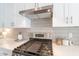 Stainless steel range sits below a vent hood and white cabinets with light gray backsplash at 2180 N Iowa St, Chandler, AZ 85225