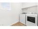 Bright laundry room featuring modern, white washer and dryer units, shelving, and light wood floors at 2818 W Eagle Talon Rd, Phoenix, AZ 85085