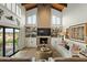 Cozy living area with a fireplace, vaulted ceiling, built-in shelves, and sliding glass doors to the patio at 6188 N 29Th Pl, Phoenix, AZ 85016