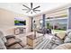 Comfortable living room with a ceiling fan, large sliding glass doors, and stylish furniture at 17165 W Piperton St # 181, Surprise, AZ 85388