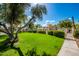 Well-maintained front yard with lush green lawn and mature trees under a clear blue sky at 1050 N 84Th Pl, Scottsdale, AZ 85257