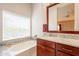 Bathroom featuring large tub under a window with a granite topped vanity and mirror at 15237 S 47Th Way, Phoenix, AZ 85044