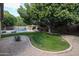 Lush backyard featuring a green lawn and a sparkling pool in the distance at 1054 W Park Ave, Gilbert, AZ 85233