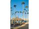 Open-air gazebo with a picnic table, with tall palm trees lining the lake shore under a clear blue sky at 11256 S Hopi Dr, Goodyear, AZ 85338