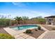 Beautiful pool surrounded by desert landscaping, palm trees and a mountain view at 4651 N 204Th Ave, Buckeye, AZ 85396