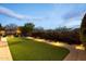 Evening view of a landscaped backyard with artificial turf and charming pathway lighting at 5921 E Ocupado Dr, Cave Creek, AZ 85331