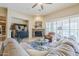 Cozy living room features stone fireplace, entertainment center, and plenty of natural light at 20187 E Sonoqui Blvd, Queen Creek, AZ 85142