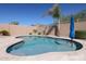 Inviting pool area featuring a custom pool, desert landscaping, a privacy wall, and mature trees at 22927 N 41St St, Phoenix, AZ 85050