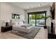 Bedroom with a sleek fireplace, minimalist decor, and a view of the backyard at 7120 E Paradise Ranch Rd, Paradise Valley, AZ 85253