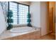 Luxurious bathroom featuring a jetted soaking tub, tile accents, and decorative window at 15241 E Pageland Cir, Fountain Hills, AZ 85268