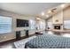 Spacious bedroom featuring high vaulted ceilings, large television, and brick fireplace at 9921 E Doubletree Ranch Rd, Scottsdale, AZ 85258