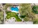 Aerial view features a private backyard with a lush lawn, pool with water feature, and stone path at 7829 E Softwind Dr, Scottsdale, AZ 85255