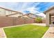 The backyard features green turf grass, rock landscaping, and a brick perimeter wall at 19075 E Pelican Dr, Queen Creek, AZ 85142